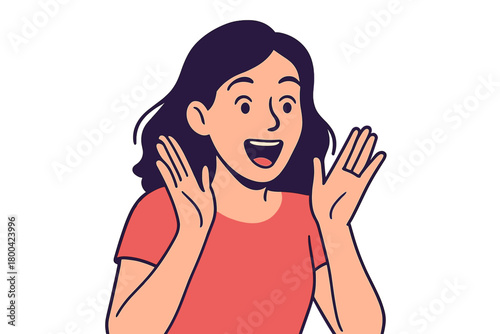 Wow! A woman on a violet background received surprising news that filled her with bright emotions; she was astonished, delighted, and filled with joyful anticipation