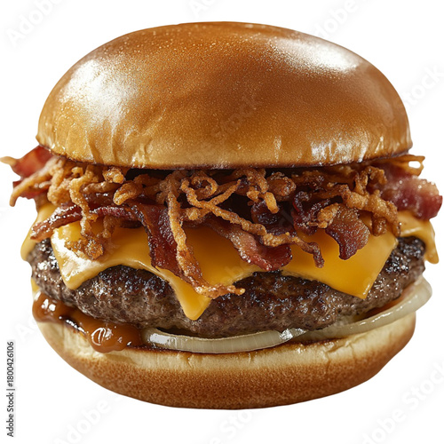 Delicious gourmet bacon cheeseburger with crispy fried onions