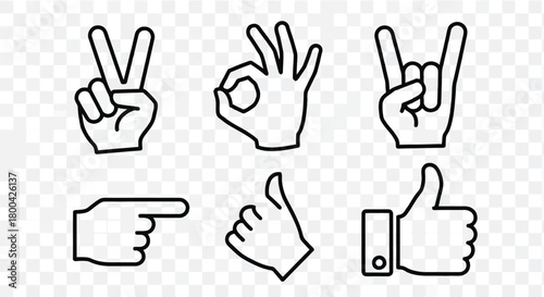 Collection of hand gestures in black outline, including peace sign, ok, rock on, pointing, thumbs up isolated on