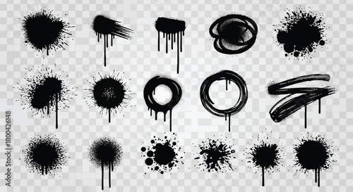 Collection of black ink splatter and stains, creating a dynamic and artistic effect isolated on