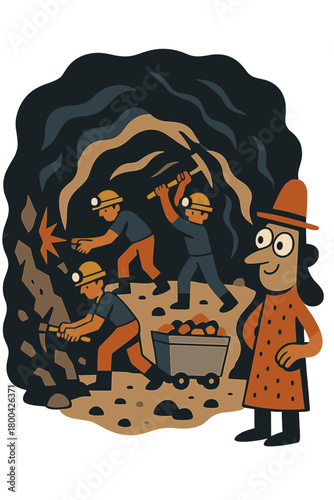 A surreal tableau of characters excavating in a dim, cavernous setting while a whimsical observer watches