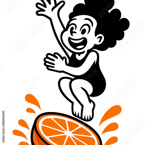 A vertical collage image of a funky, excited black‑and‑white gamma mini girl leaping into a huge orange fruit, isolated against a creative background with water