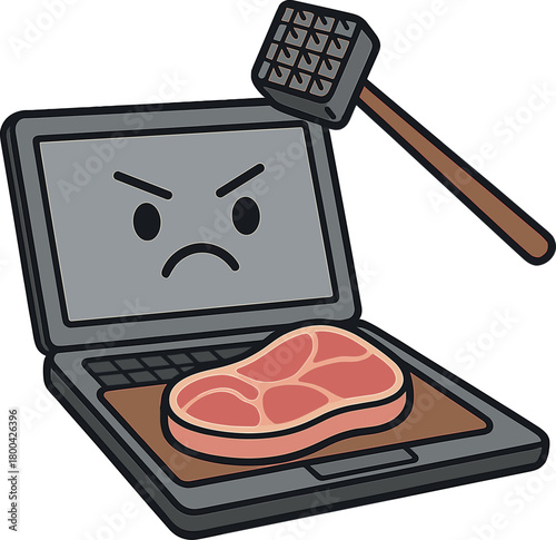 A computer serves as a cutting board, with meat on the laptop ready to be tenderized, while the computer is either being criticized or tested