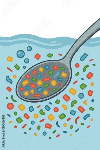A metal spoon submerged in water, surrounded by colorful floating microplastic particles that symbolize environmental pollution and food contamination,