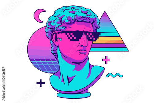 A vaporwave collage featuring a man's face from an antique sculpture wearing pixelated glasses, blending modern creativity with an ancient statue's head, designed as a funky punk template for art