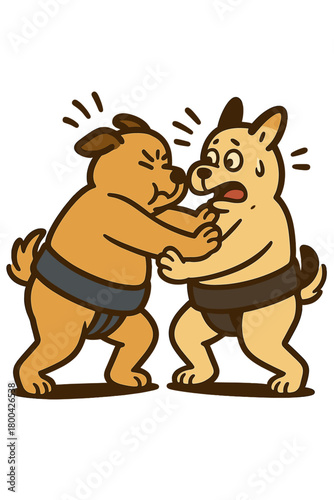 A dog in a sumo match, forcefully pushing its opponent in a comedic, over-the-top style