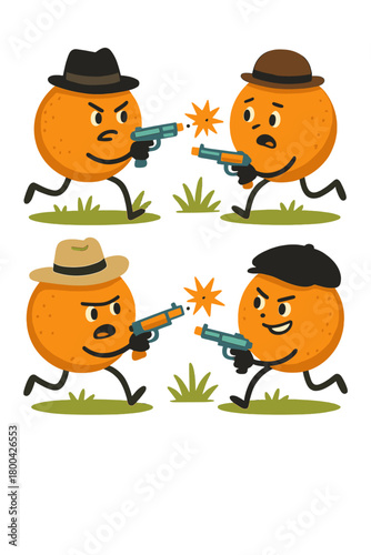 Orange Gangster Turf War – Four cartoonish oranges stage a lighthearted shootout on a grassy patch, brandishing toy guns and donning tiny hats, resulting in a comically absurd tableau