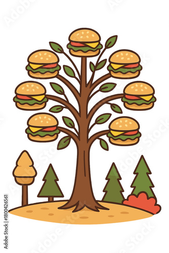 A cheeseburger tree bears branches heavy with ripe cheeseburgers, ready to be picked in a whimsical fast‑food forest
