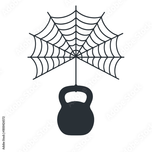 A kettlebell hanging from a spider's web, symbolizing fragility