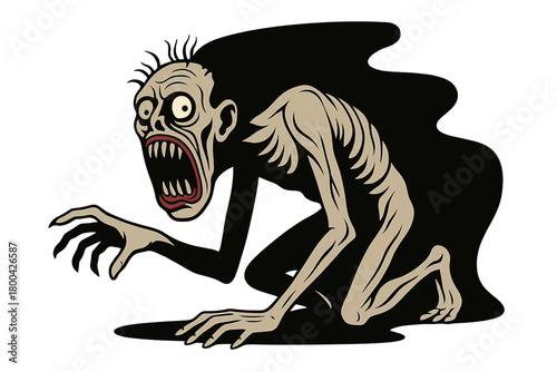 In a 2D illustration, a grotesque and absurd figure hides in the shadows, presenting a nightmarish vision of surrealism