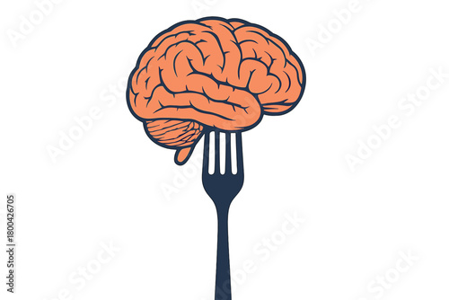 A surreal illustration of a brain perched on a fork, symbolizing concepts of cognition, creativity, intelligence, and the link between food and thought