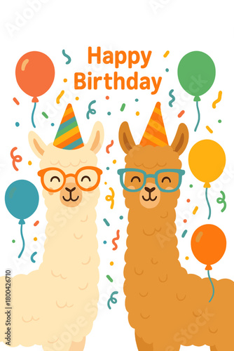 An adorable llama and alpaca pair don vibrant party hats and glasses, surrounded by balloons and confetti, celebrating a joyful birthday in a playful setting