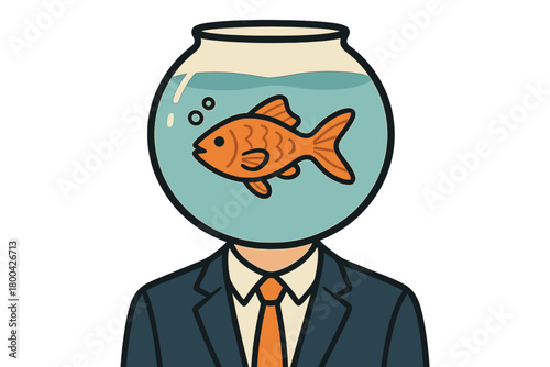 A man whose head is a fishbowl that holds a goldfish