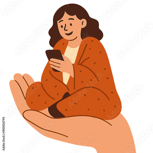 A vertical collage of a cheerful girl in a blanket, sitting on a palm while holding a smartphone, set against a white background