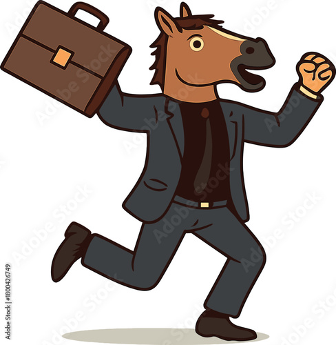 A happy corporate employee in a horse mask enjoys the end of the workday, dancing in the office while holding his briefcase
