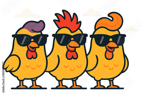 A vibrant drawing shows three happy cartoon chickens lined up, sporting sunglasses and quirky haircuts, against a bright blue backdrop dotted with fluffy clouds