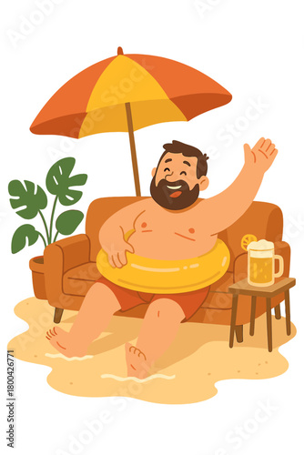 At a home summer party, a jovial, plump man enjoys himself on the sofa in the living room with an inflatable swimming ring, while he lounges under a beach umbrella on a makeshift backyard beach