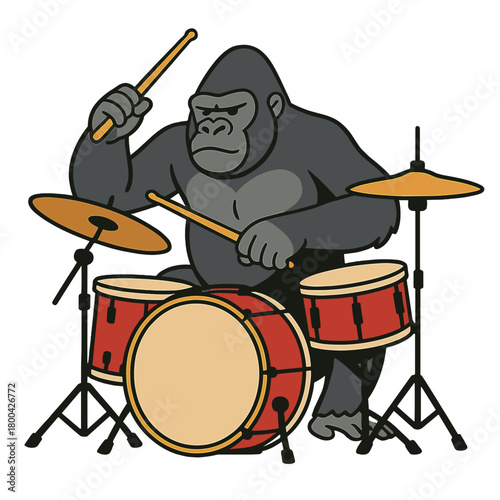 Gorilla rhythm maestro: A beast drummer performing against a vivid green backdrop