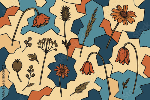 An anarchic, absurd composition of dried flowers on a shattered backdrop, rendered in Dadaist wallpaper