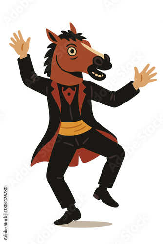A freak dancing in a horse mask at an absurd carnival, reveling in a costume party with a bizarre mask head