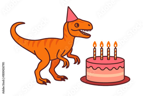 A toy Velociraptor wearing a pink party hat stands next to a birthday cake with lit candles, set against a bright yellow background, evoking playful absurdity, festive joy, and whimsical celebration