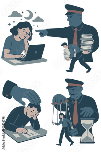 A collage of photos and illustrations showing overworked, tired people and their tasks, with the surreal domination of their boss—a dictator—isolated against a grey background