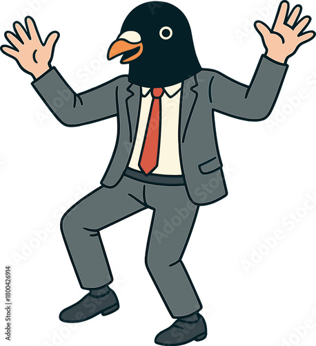 A man wearing a pigeon mask performs humorous gestures and dances in gray suits against a solitary blue background, embodying fun and happiness