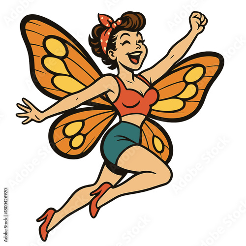 A 3D collage featuring a retro pop pinup sketch of a lively, quirky young woman leaping with butterfly wings, resembling a fairy or pixie magical creature