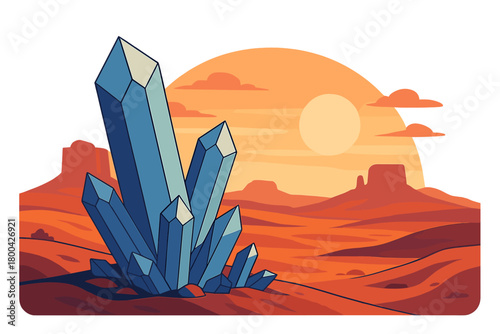 Crystal formations glitter across the desert at sunset