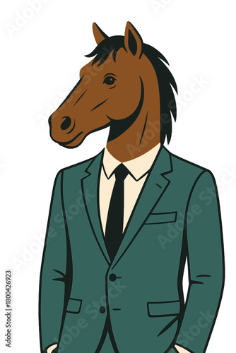 A surreal picture of a suited individual sporting a horse head set against a pink backdrop, merging human and animal features for imaginative ideas