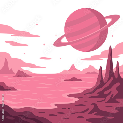 A pink-lit alien seascape, with a huge planet looming above