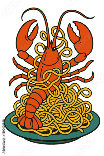 An imaginative Italian pasta dish featuring lobster, its twisted noodle-like limbs interlaced in a whimsically absurd fashion, beckons the viewer to relish the surreal culinary possibilities
