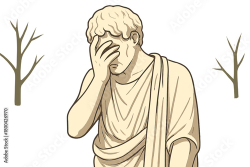 A comedic tableau featuring a marble statue in a traditional toga, dramatically facepalming, positioned in a tranquil park with softly blurred greenery behind