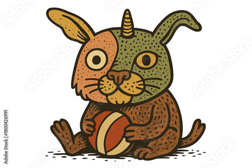 An illustrated collage of a strange, unusual creature's face, sitting and holding a ball while training for a game, set alone against a drawn background