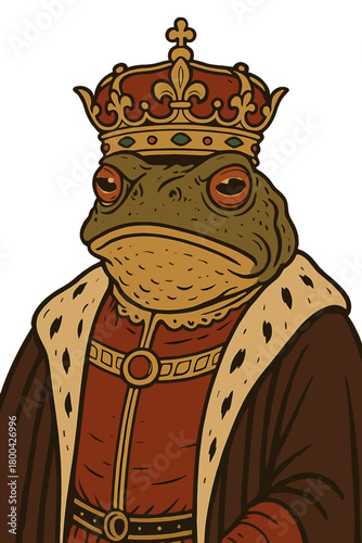 A 3D portrait of an authoritative red‑eyed toad, styled as a medieval and renaissance king, with ironic nods to frog, queen, and emperor