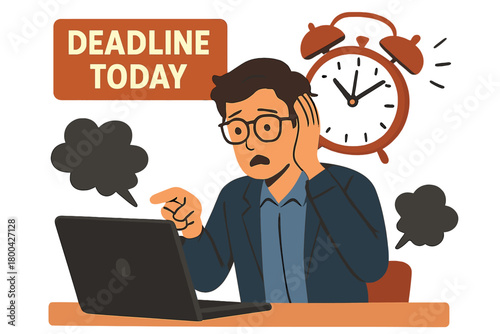 A collage photo of a young, seated professional programmer who has a deadline today points fingers at laptop problems, featuring an absurd head, an isolated clock, all set against a painted beige