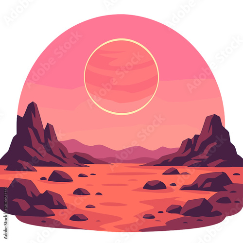 A pink sky, a glowing planet, and a rocky landscape on an alien world