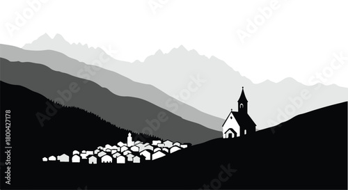 Serene village nestled in rolling hills with a prominent church steeple.