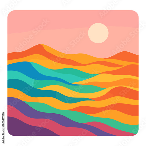 A glittering, rainbow-colored, undulating desert panorama beneath a pink sky, with a far‑off sun