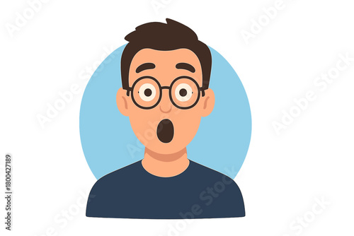 A man wearing round glasses and displaying a surprised expression against a blue background, perfect for conveying shock, disbelief, or a humorous reaction