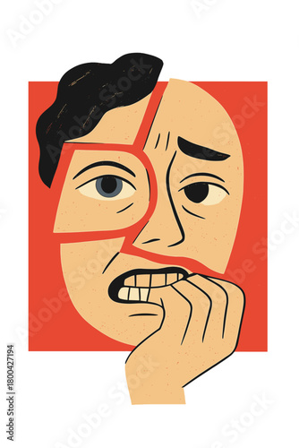 An absurd collage illustration creatively depicts a painted human face biting nails, feeling nervous, stressed, anxious, and isolated against a red background