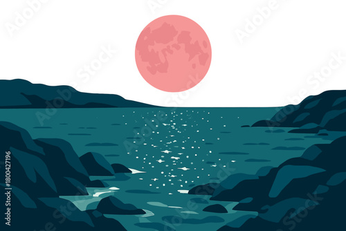 A rosy moon lifts above a craggy coast and glittering waters