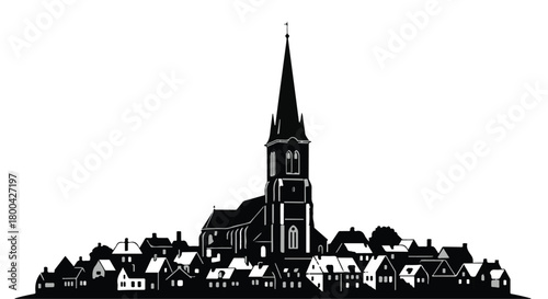 Charming silhouette of a European village with a prominent church steeple against a white background.