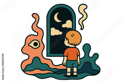 A surreal and strange digital illustration depicts a child gazing at a tall window, produced using  technology