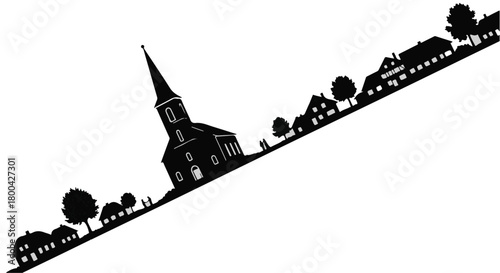 Charming village silhouette with church steeple against a white background