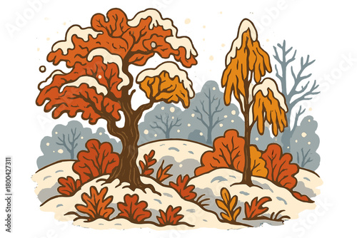 The first snowfall wraps autumn hues in a natural dance, oddly enchanting, showcasing seasonal harmony: vivid fall colors mingled with winter snow, a strange beauty in grotesque style