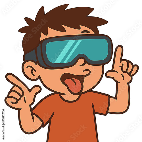 A humorous young boy dons large futuristic glasses and sports a goofy expression