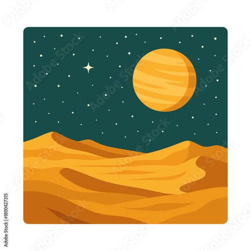 A golden desert panorama featuring a faraway planet and a star-filled sky