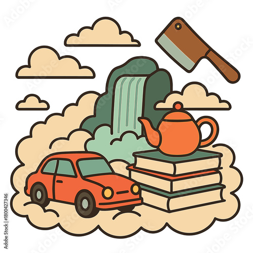 A surreal still life featuring a car, teapot, books, waterfall, and cleaver floating among the clouds