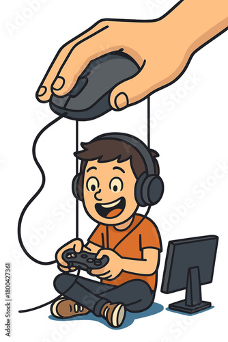 A vertical composite collage featuring a humorous person playing video games, controlled by a computer mouse click, set against a blue background